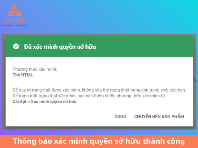 Xác minh quyền sở hữu thành công