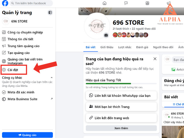 Vào Cài đặt ở mục Quản lý trang