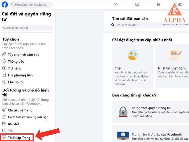 Chọn thiết lập trang để đổi tên trang page