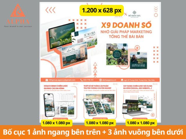 Kích thước ảnh quảng cáo Facebook bố cục 1 ngang 3 vuông
