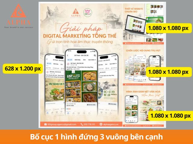 Bố cục ảnh quảng cáo Facebook 1 hình đứng 3 vuông bên cạnh