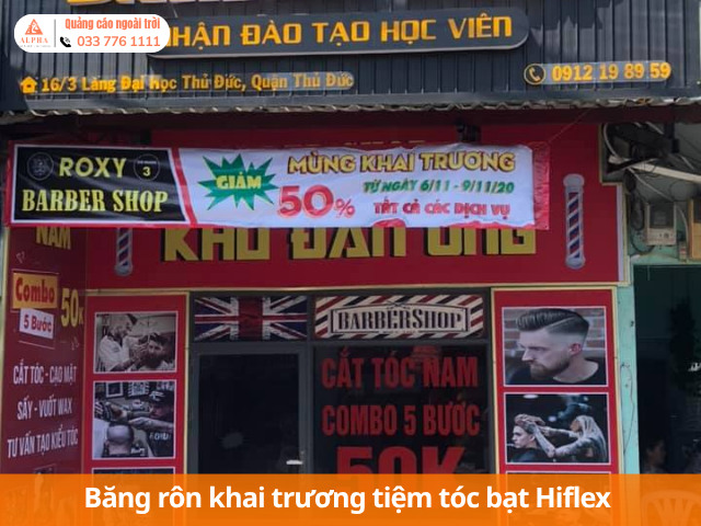 Băng rôn khai trương tiệm tóc bạt Hiflex