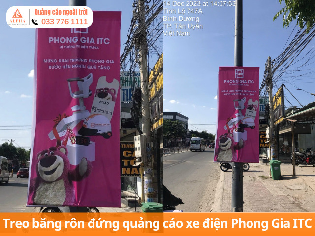 Treo băng rôn đứng quảng cáo xe điện Phong Gia ITC
